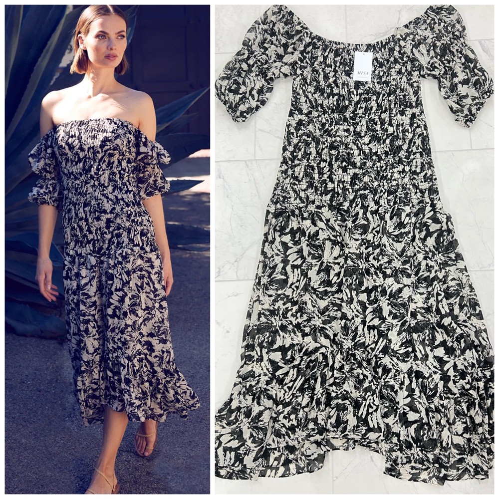 Misa Los Angeles Black & Cream Floral Off-Shoulder Midi Dress